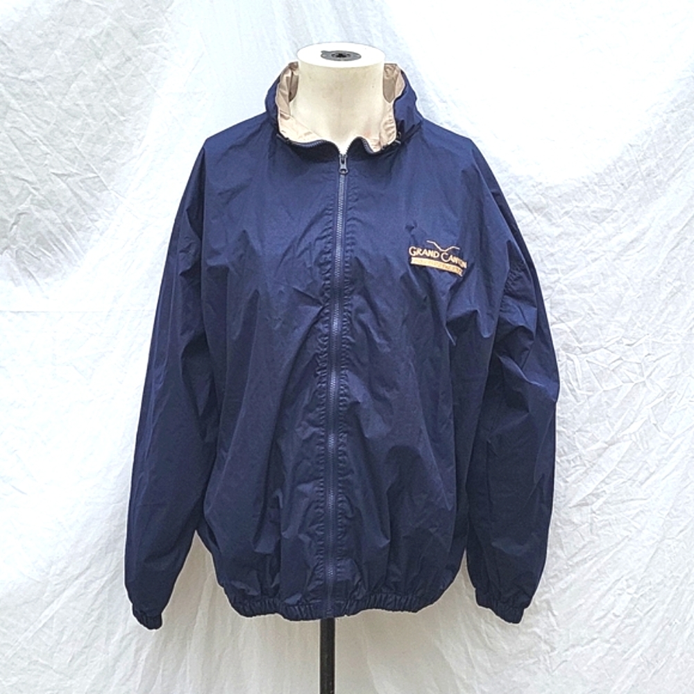 Men's water resistant jacket,  blue w gold Grand Canyon embroidered, hood, XL